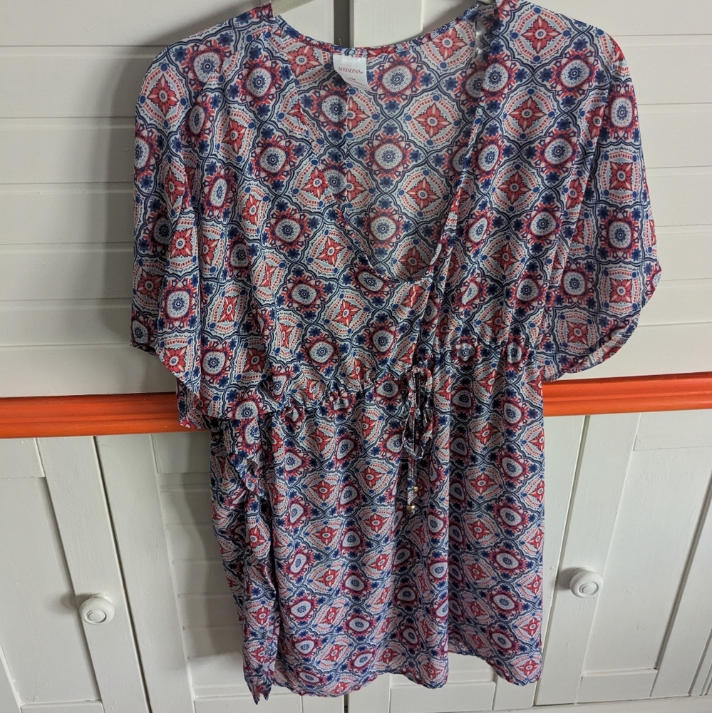 Merona red and blue draw string blouse